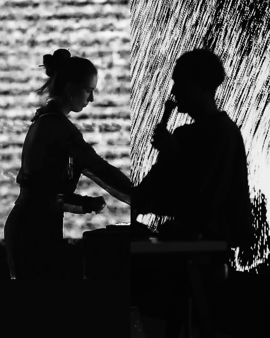 Diptych: Ninon and Jun Suzuki performing in silhouette, each against a different high-contrast generative projection