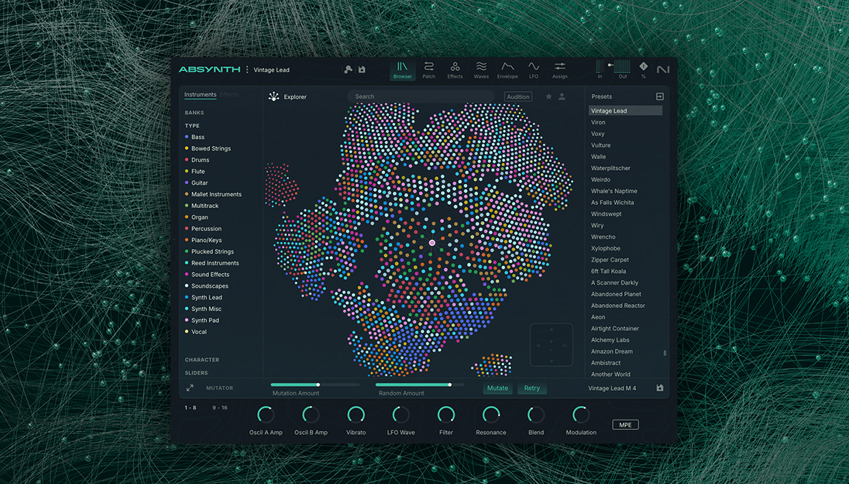 The Absynth 6 Preset Explorer: hundreds of coloured dots clustered into an organic map, with a preset list to the right and type filters to the left